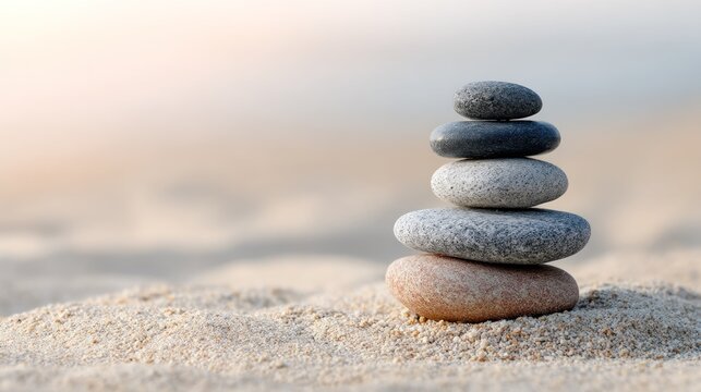 A stack of five stones, each varying in color and size, balanced on a sandy beach with a soft, blurred background.
