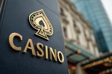 Golden casino sign with spade emblem signifies luxury gaming establishment.