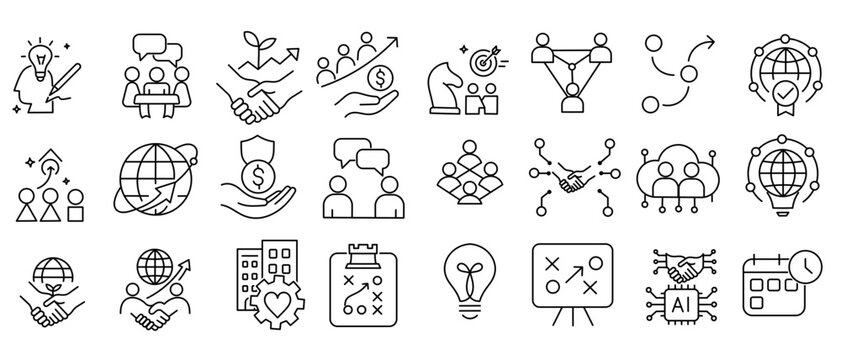 Business Partnership and Collaboration Stroke Icon Set. Containing teamwork, communication, global connection, support, and strategy icons.
