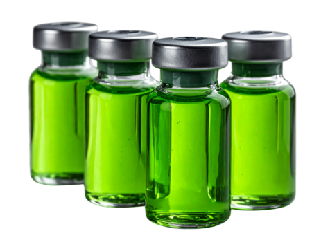 Tiny Glass Vials Containing Neon Green Liquid Isolated on Transparent Background PNG