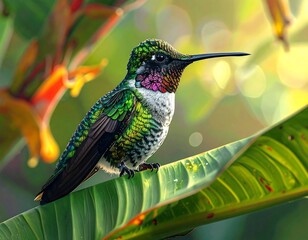 Fototapeta premium A vibrant hummingbird rests on a broad green leaf in sun-dappled tropical flora
