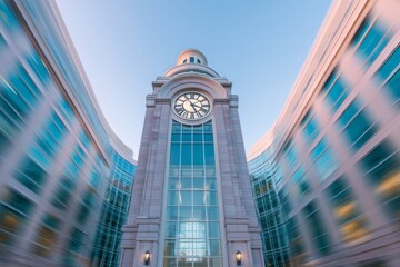 A clock tower stands between modern buildings with motion blur effect.