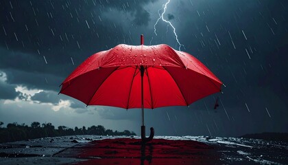 Vibrant red umbrella offers a stark, beautiful contrast and steadfast protection amidst a powerful rainstorm, with a dramatic lightning bolt illuminating the dark, stormy sky