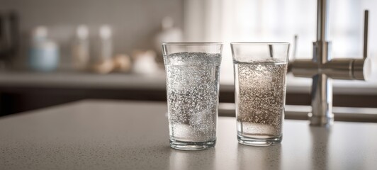 The Glasses of Sparkling Water on a Modern Minimalist Kitchen Countertop