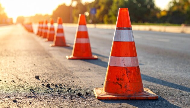 Row of vibrant orange construction cones lining a sun-drenched road, highlighting safety measures and ongoing road maintenance or repair work under the warm light