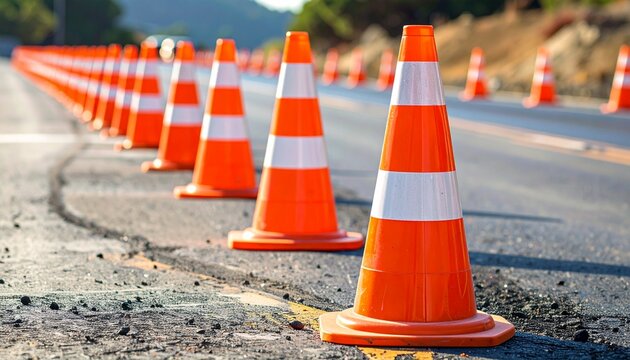 A clear, long line of bright orange and white traffic cones precisely marks a road work zone on asphalt, emphasizing safety and directing traffic flow during construction