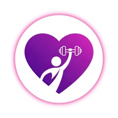 Fitness heart icon silhouette with weightlifting symbol of well being