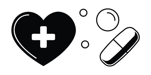 Obraz premium Vector illustration of essential health and medical care symbols, featuring a heart with a plus sign and an assortment of medication pills and tablets, representing wellness concepts