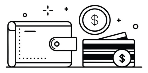 Modern financial management concept featuring a wallet, credit cards, and dollar coins. Illustrating diverse payment methods and secure banking transactions