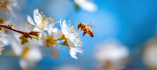 The Bee Visiting White Blossom in Bright Spring Light with Soft Blue Background