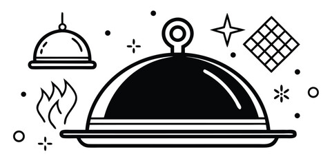 Modern flat line art illustration featuring a classic food cloche and plate, enhanced with abstract culinary symbols and festive sparks