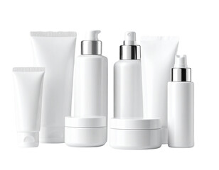 White Cosmetic Packaging Set with Silver Caps Isolated on Transparent Background PNG  