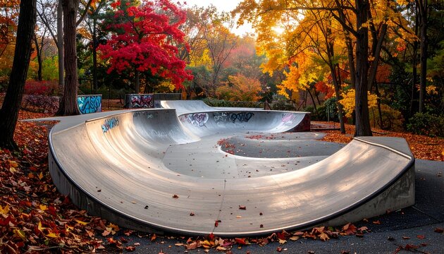 Colorful autumn scene at a skate park with vibrant trees and graffiti, inviting for recreational activities
