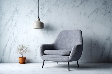 Modern armchair beside a potted plant and pendant lamp against marble.