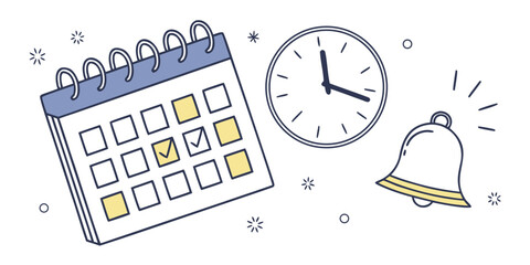 Flat vector illustration of a calendar with checkmarks, a clock, and a bell, representing time management and reminders
