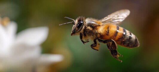 The bee in mid flight collecting pollen from a white garden blossom in sunlight