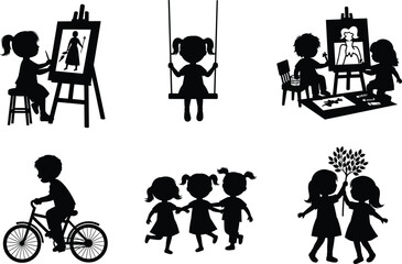 Children activity silhouette set, black vector icons of kids painting, swinging, cycling, dancing, and playing for education and fun themes