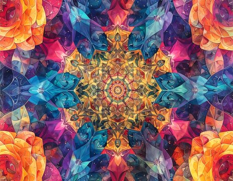 A vibrant, kaleidoscope design of swirling patterns & colors, with central symmetry