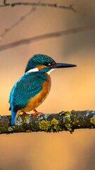 A vibrant kingfisher perched on a mossy branch against a blurred, warm-toned background