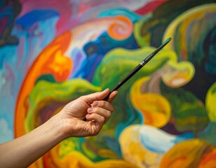 An artist's hand holding a fine brush, ready to add details to a large, vibrant and colorful abstract painting in the background