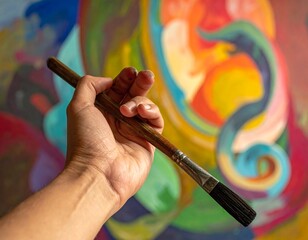 An artist's hand holding a paintbrush, embodying the spirit of creativity and inspiration in front of a vibrant, colorful abstract painting