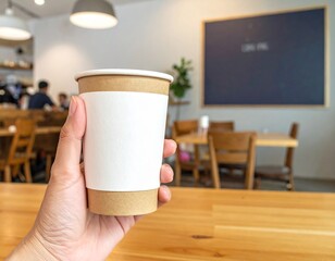 First-person view of a person's hand holding a disposable coffee cup with a blank white sleeve, ready to enjoy a warm beverage in a contemporary cafe setting, representing a relaxing break