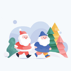 Cute Christmas mascot illustration with santa and christmas tree