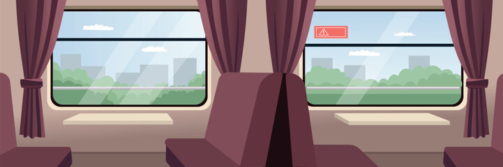 Passenger Train Cabin with Scenic Urban View. Train seat. Public city transportation. Window seat. © Hayclaw Here