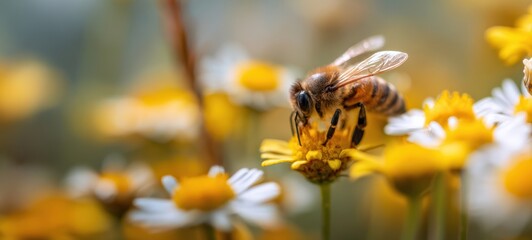The Bee Pollinating Yellow Daisy Flowers in a Sunlit Wildflower Meadow Closeup