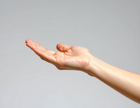 Hand Reaching Out, Palm Up, Gesture of Offering or Receiving, Showing, Presenting on Gray Background