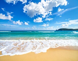 Fototapeta premium Serene beach scene with turquoise waves gently lapping at golden sand under a bright blue sky