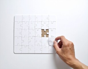 Human hand positioning the last piece of a white jigsaw puzzle, illustrating the concept of successful completion, strategic problem-solving, and finding the ultimate solution to a challenge