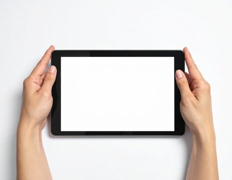 Hands holding a blank tablet computer device in a horizontal position on a white background