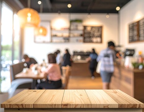 Cozy coffee shop interior with wooden table, patrons enjoying beverages, and soft lighting ambiance
