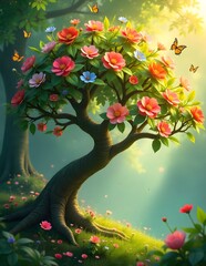 A bright, blooming tree filled with colorful flowers under warm sunlight, surrounded by butterflies in a peaceful, dreamy landscape.