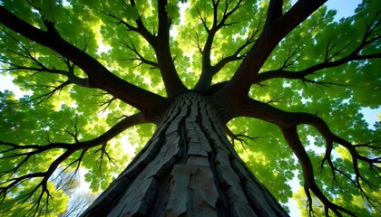 Upward view of a tall tree showing its textured trunk and bright green canopy glowing with sunlight.
