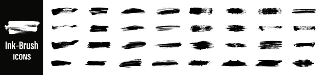 Ink Brush black icons set featuring artistic brush strokes, calligraphy, and painting symbols. Perfect for design projects, art apps, and creative branding.
