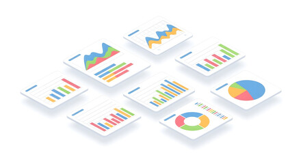 Isometric view of multiple data charts and graphs on white background showing various data trends