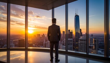 Businessman gazing at a sunset skyline from a high-rise office, reflecting on opportunities ahead