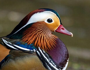 A vibrant Mandarin duck, with a multicolored head, neck, and iridescent plumage