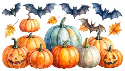 Obraz premium Colorful Halloween-themed pumpkins and bats with autumn leaves, perfect for seasonal decorations