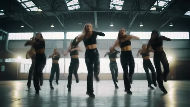 Diverse young women in black athletic wear perform powerful synchronized choreography in a dimly lit sports hall with reflective floor & spotlights, high-octane cinematic performance video.