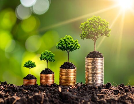 Growth of Trees on Stacked Coins Symbolizing Financial Investment in Sustainability and Nature