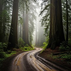 Obraz premium Misty forest road with tall trees and greenery