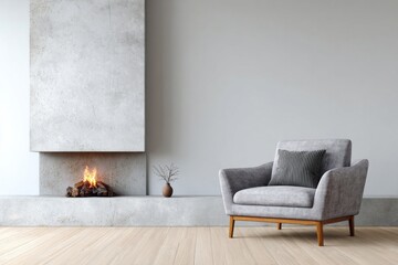A gray armchair sits beside a modern concrete fireplace with a glowing fire.