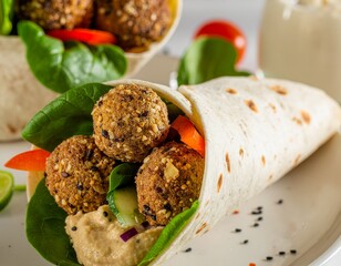Delicious Falafel Wrap with Fresh Vegetables and Creamy Hummus, a Healthy Mediterranean Delight