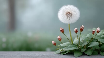 A single white dandelion seed head stands tall with dew drops on its leaves and unopened buds below against a soft misty green background on a stone ledge.