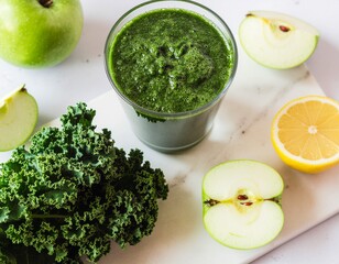 A refreshing green smoothie made with fresh kale, apples, and lemon, a healthy and vibrant beverage for a nutritious lifestyle