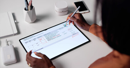 Woman Investigating Electronic Invoice, Checking Tax Bill