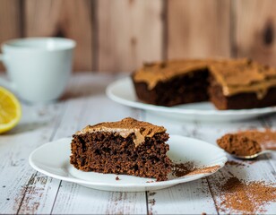 Delicious Chocolate Cake Slice on Plate with Cocoa and Cup on Rustic Wooden Table